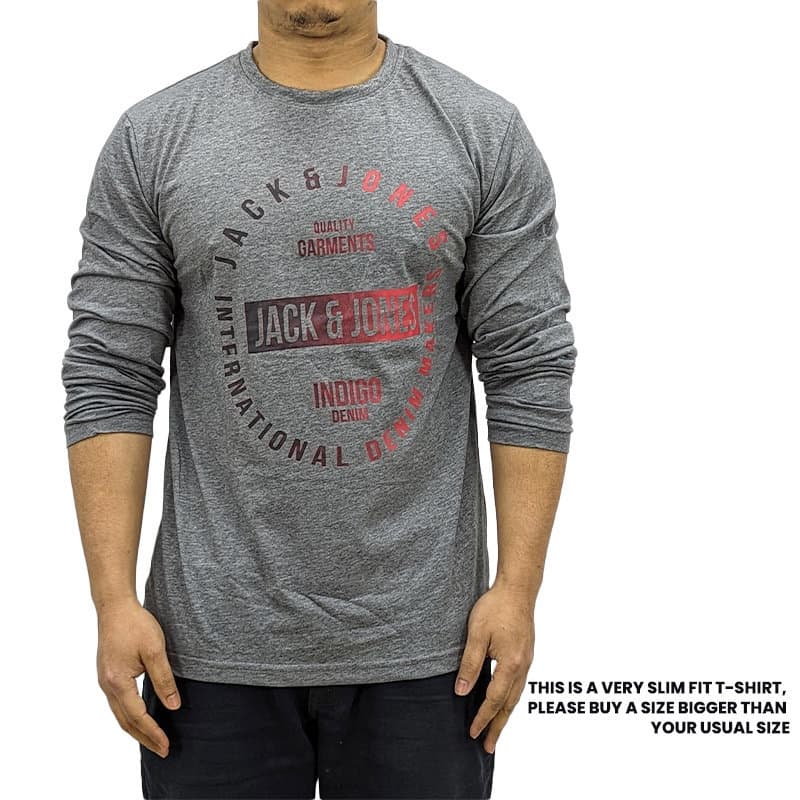 Jack & Jones grey long sleeve t-shirt with crew neck, front view