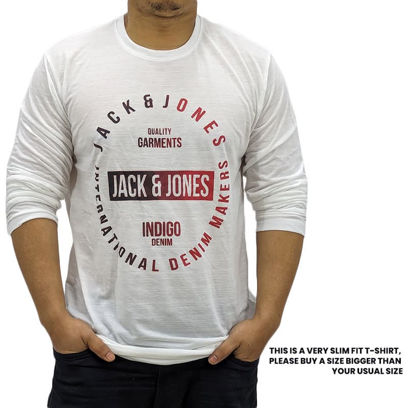 Jack & Jones men's white long sleeve t-shirt front view, slim fit crew neck