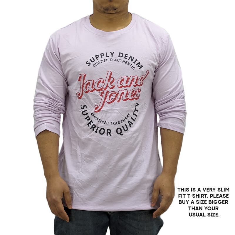 Jack & Jones men's lavender long sleeve t-shirt, front view, slim fit crew neck
