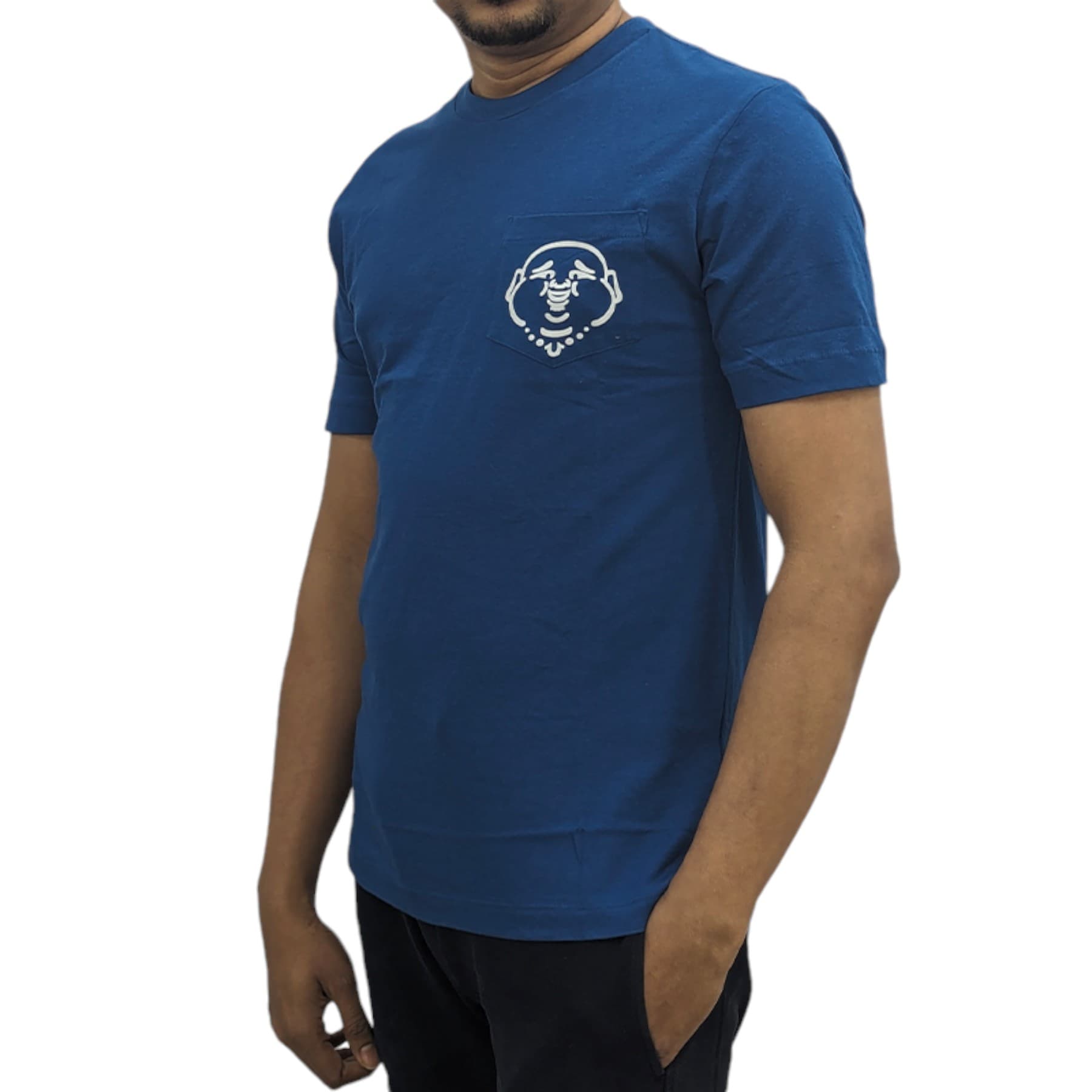 True Religion navy men's cotton t-shirt with crew neck, front view