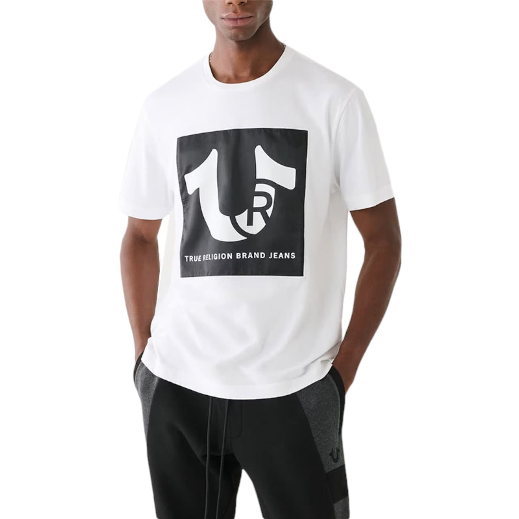 True Religion white cotton men's t-shirt with embossed TR logo, front view