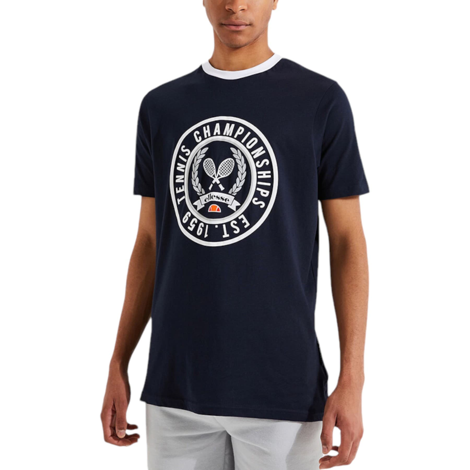 Ellesse Segna navy men's t-shirt front view with logo and tennis print