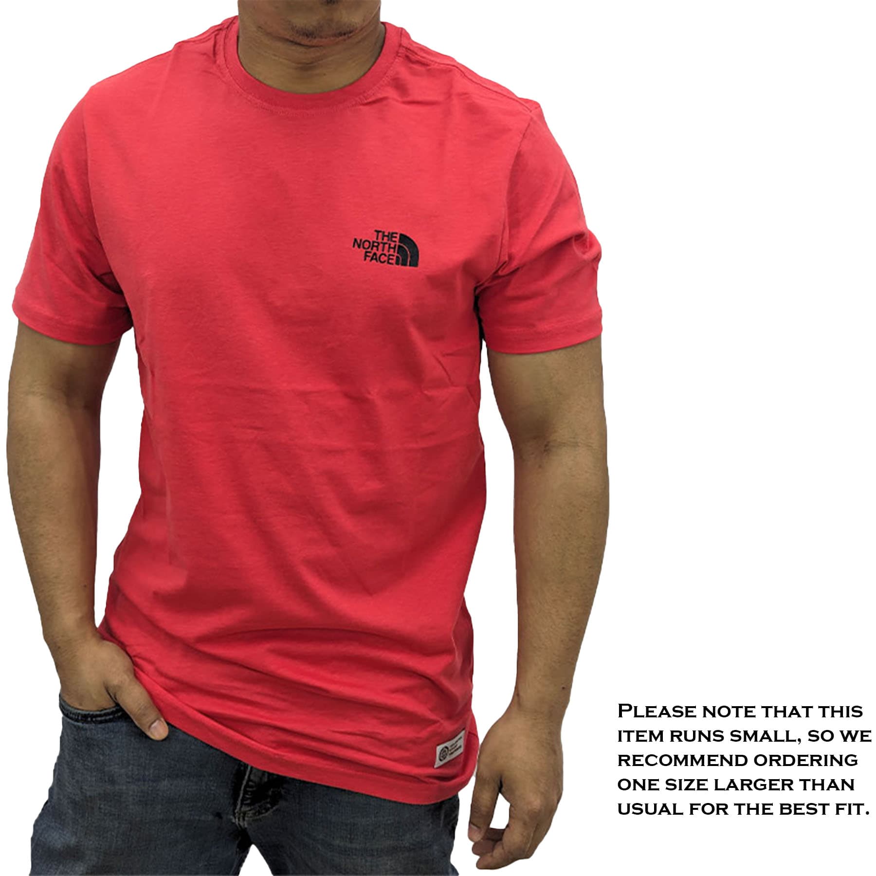 The North Face red graphic men's t-shirt with iconic TNF logo, front view