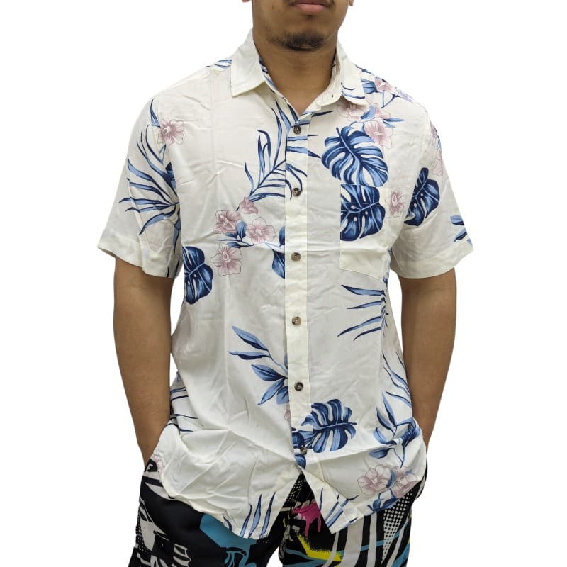Springfield Men's Hawaiian Shirt front view, off-white with pink floral print, relaxed fit