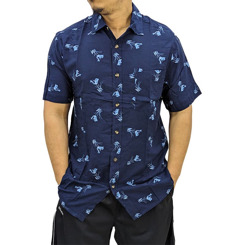 Springfield men's navy Hawaiian shirt with floral print, front view