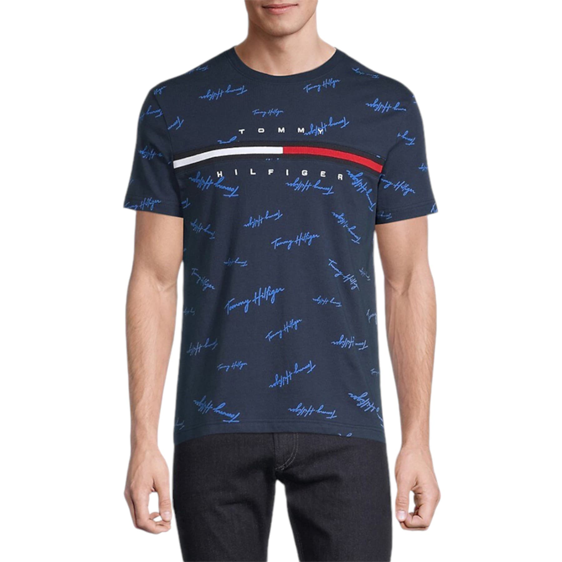 Tommy Hilfiger navy signature men's t-shirt front view with embroidered logo