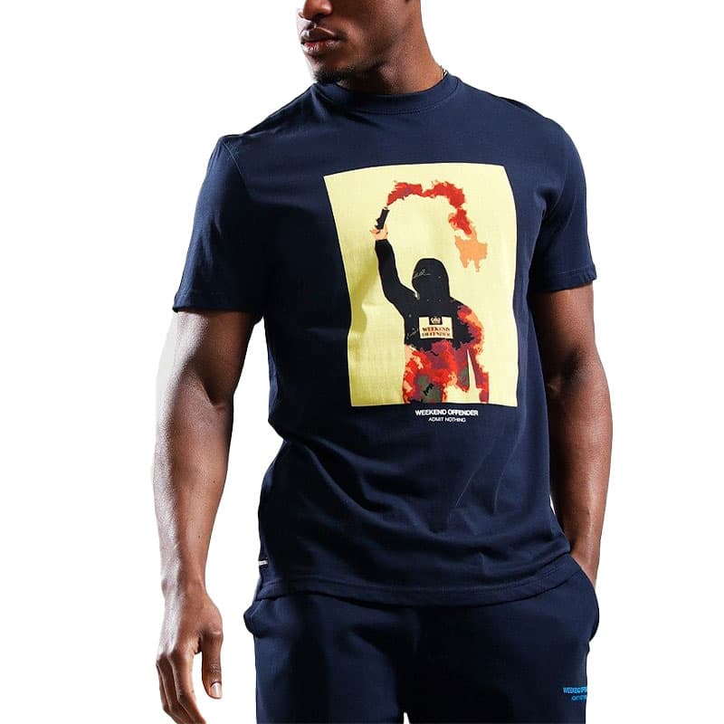 Weekend Offender Flair navy men's t-shirt front view with graphic print
