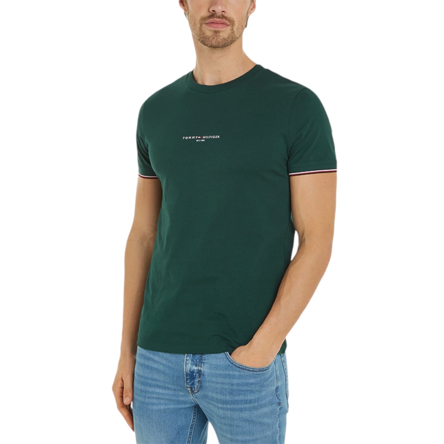 Tommy Hilfiger green cotton t-shirt front view with crew neck and chest logo