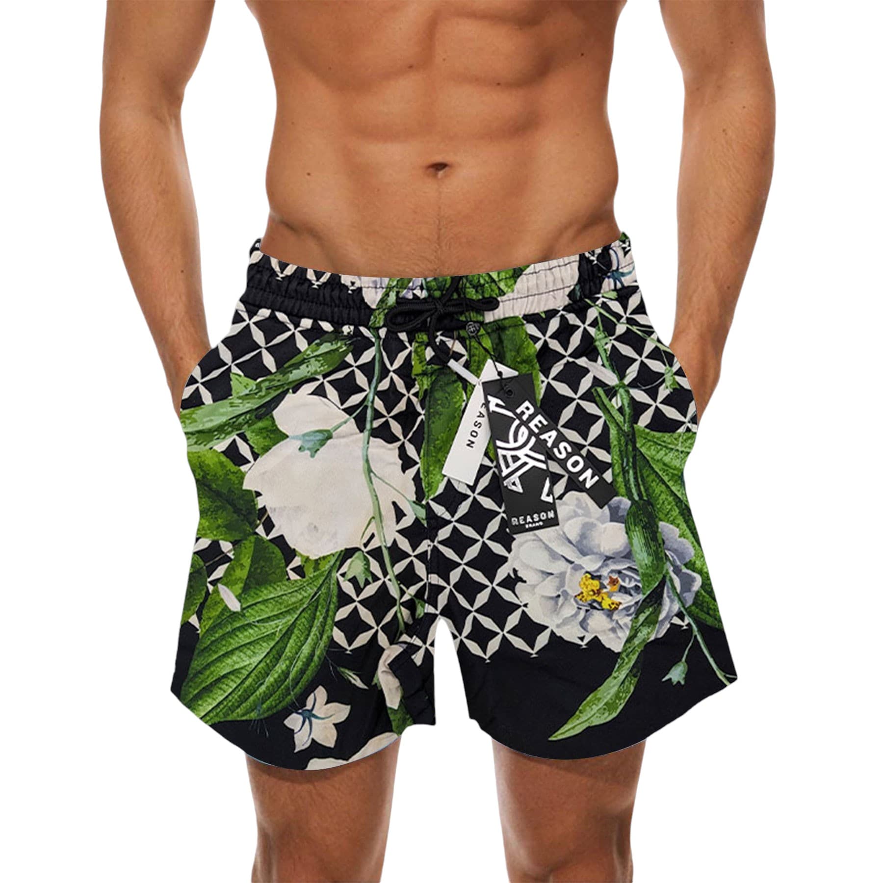 Reason men's fleece shorts in green and white allover print, front view