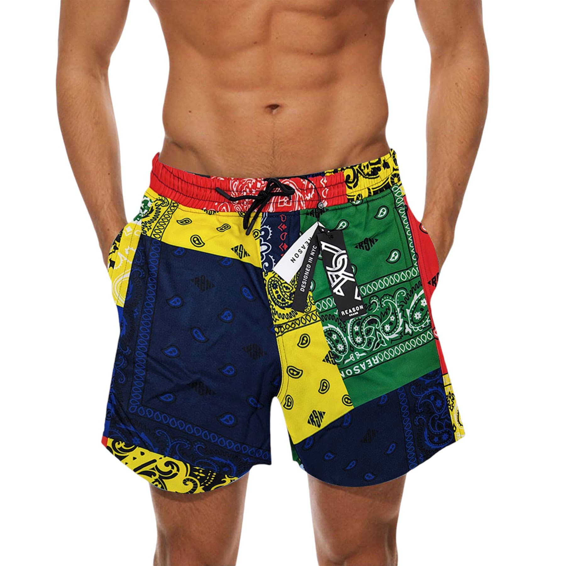Reason men's red and yellow colour-block fleece shorts, front view