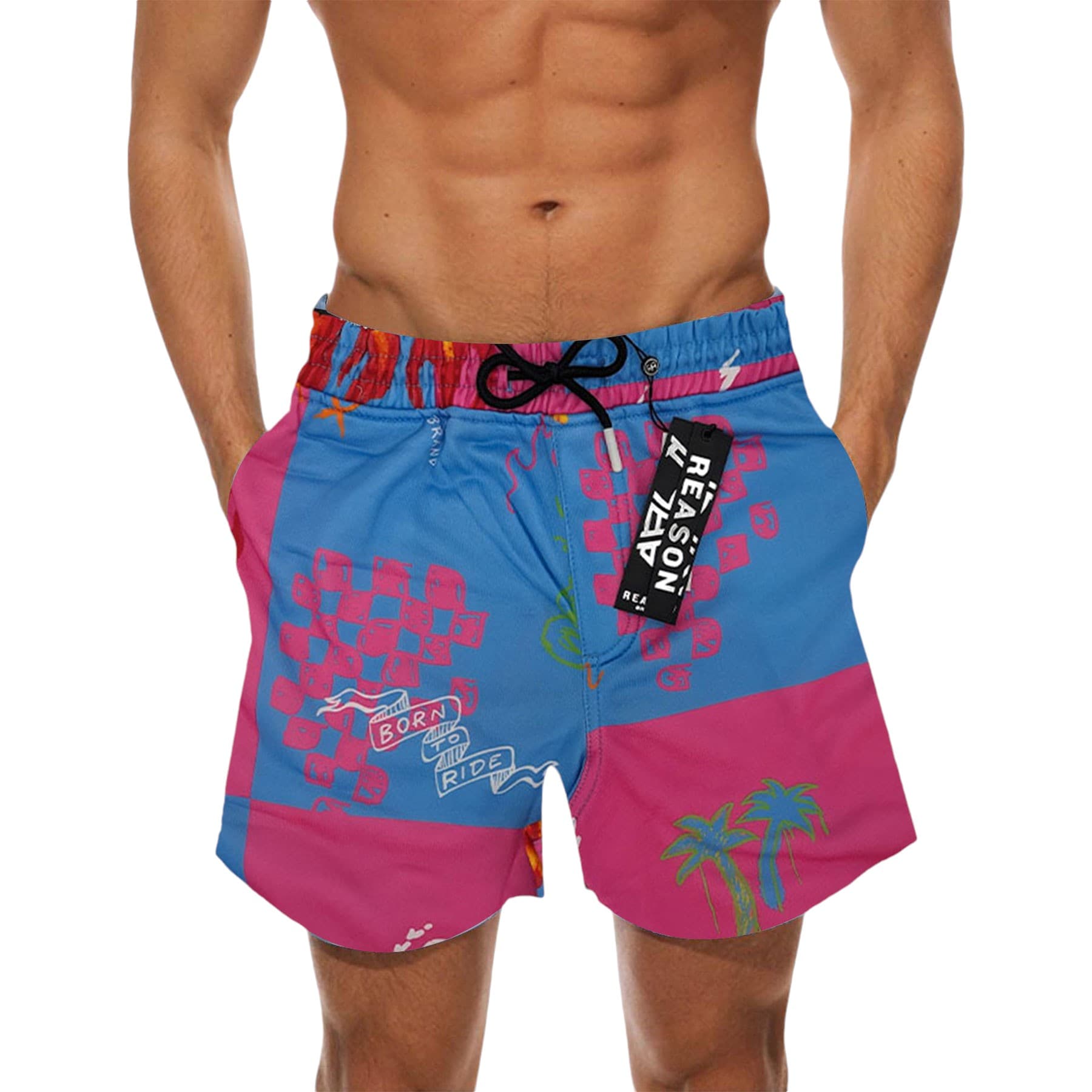 Reason men's fleece shorts in pink and blue, front view