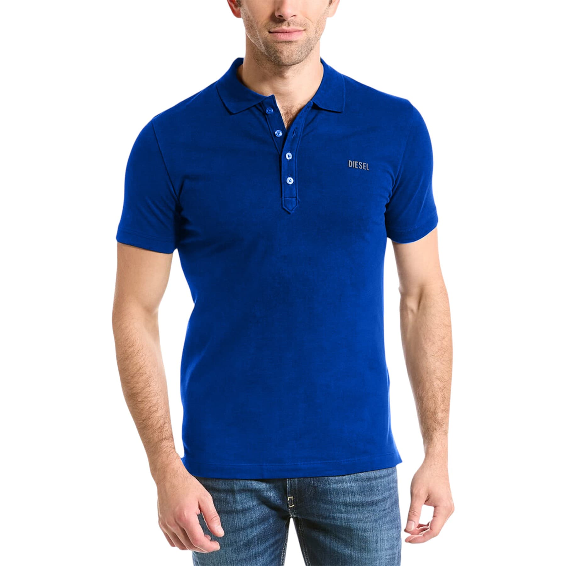 Diesel blue cotton-elastane polo shirt front view, three-button closure