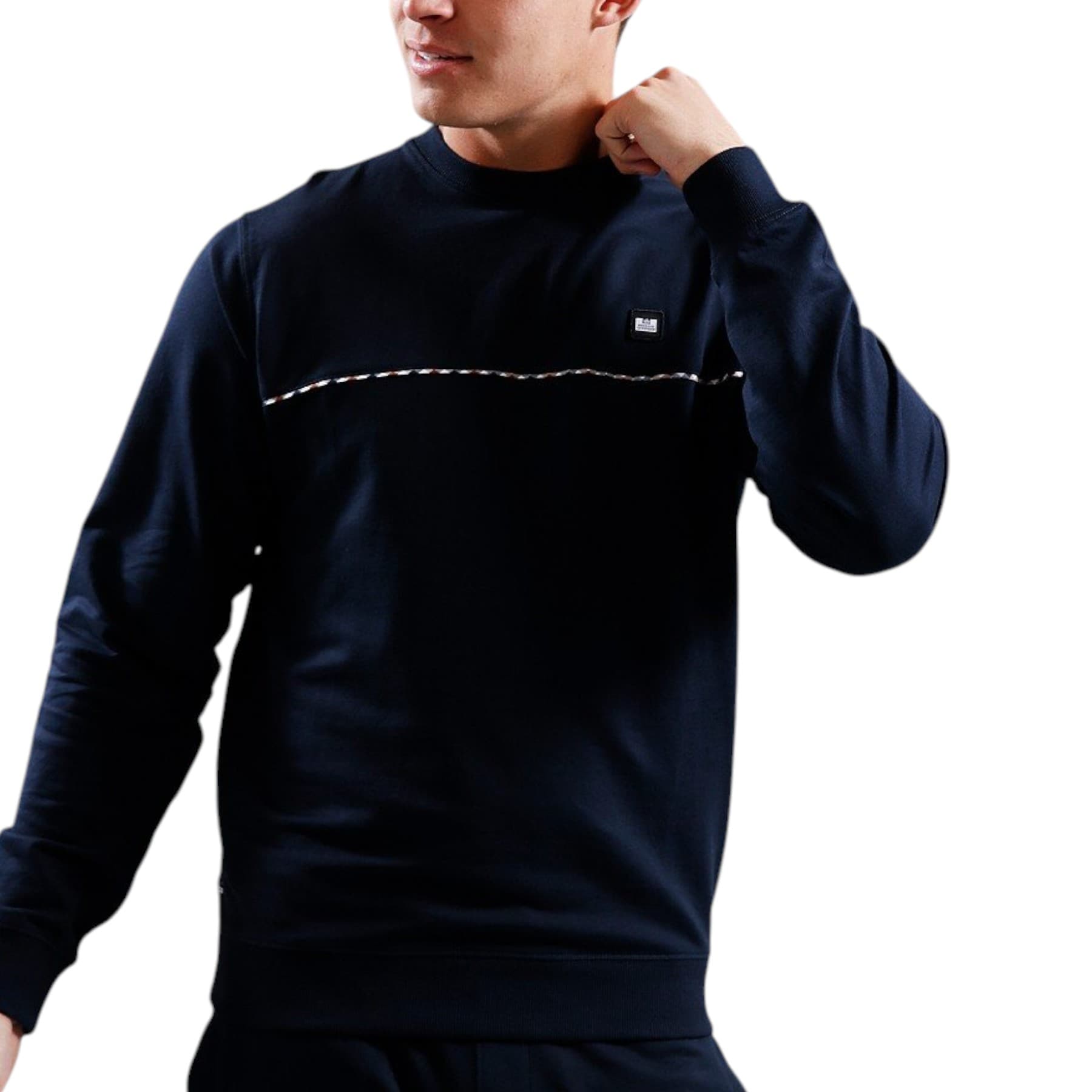 Weekend Offender Cordoba men's navy cotton sweatshirt front view with house check chest inserts