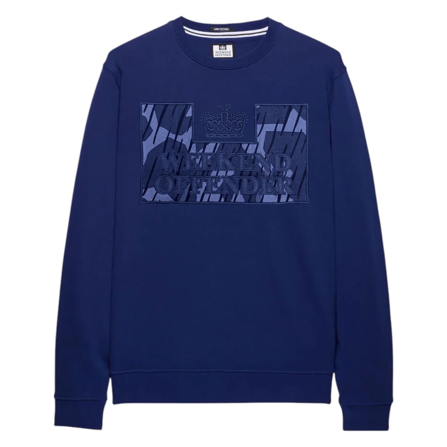 Weekend Offender blue men's sweatshirt front view with embroidered chest logo