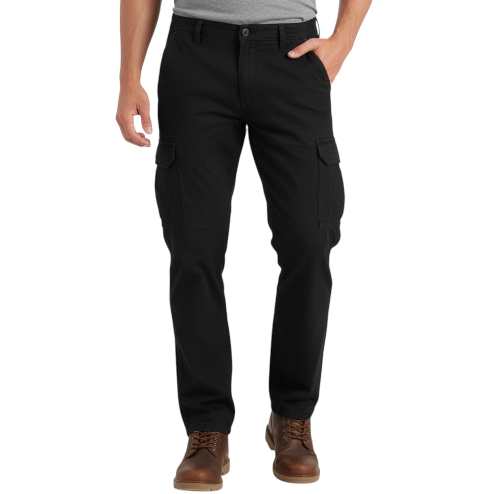 London Look black men's cargo trousers front view, regular fit tapered leg