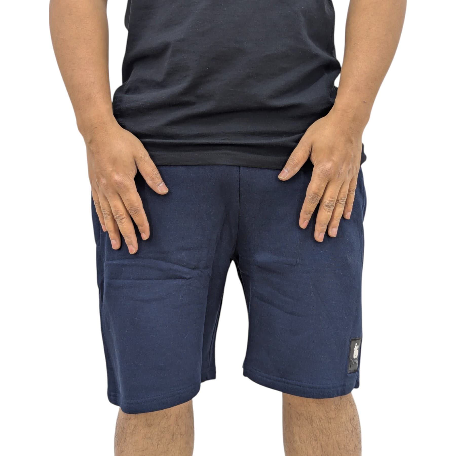Money Clothing navy cotton shorts front view with patch logo