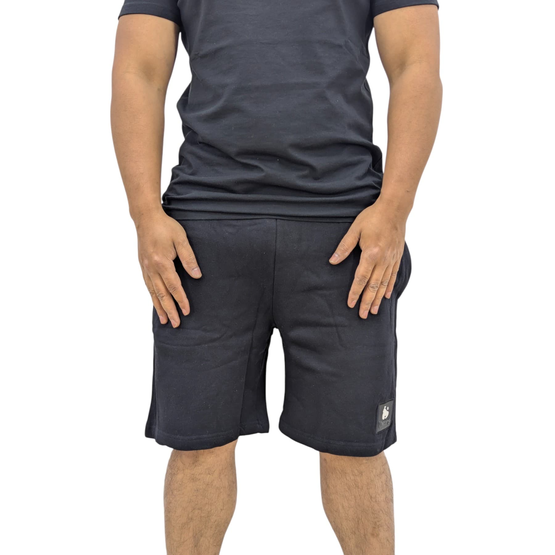 Money Clothing black cotton mens shorts with patch logo front view
