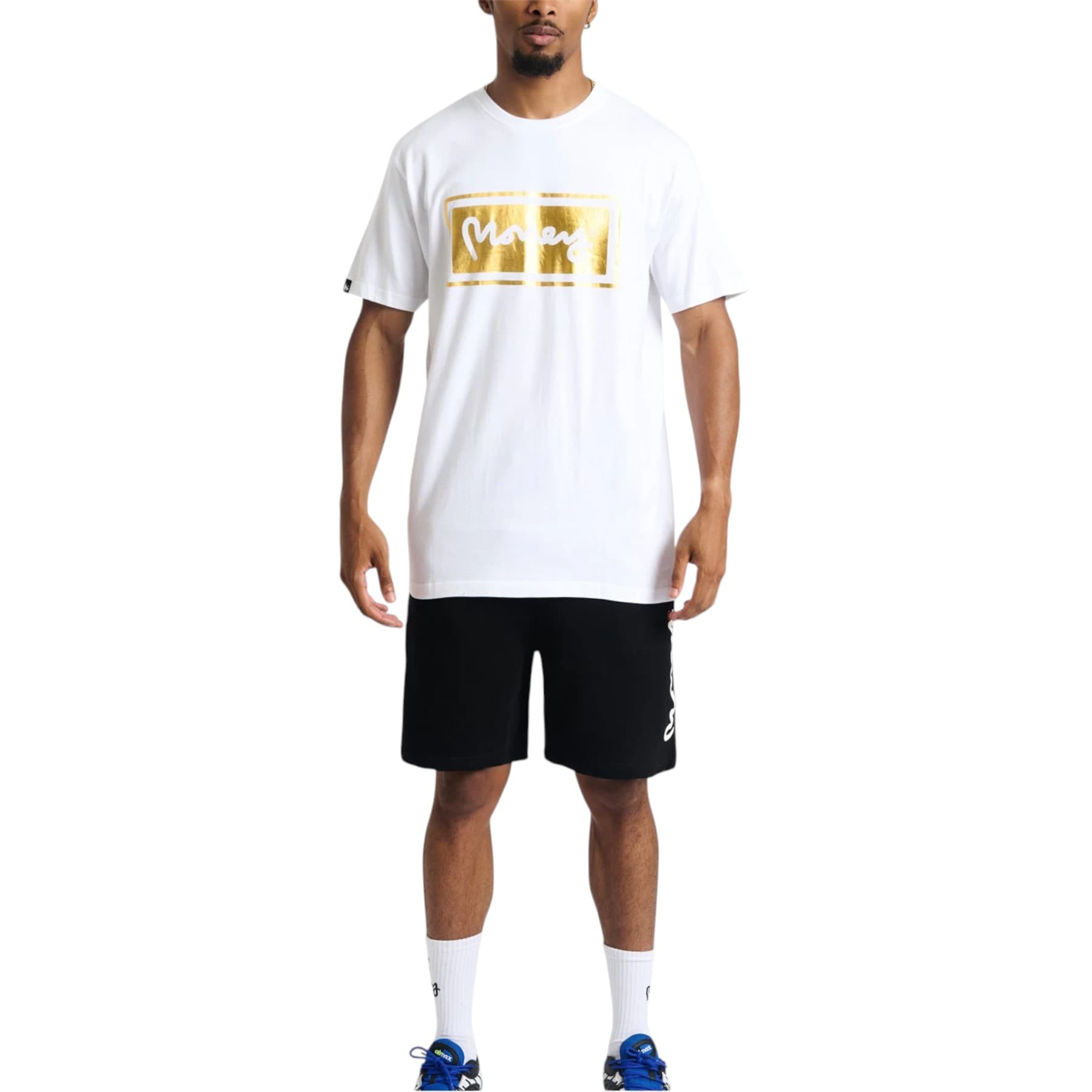 Money Clothing black mens shorts front view with patch logo
