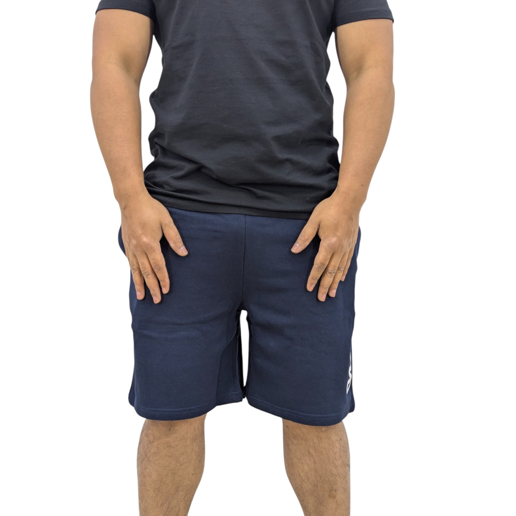 Money Clothing navy cotton mens shorts with patch logo at front