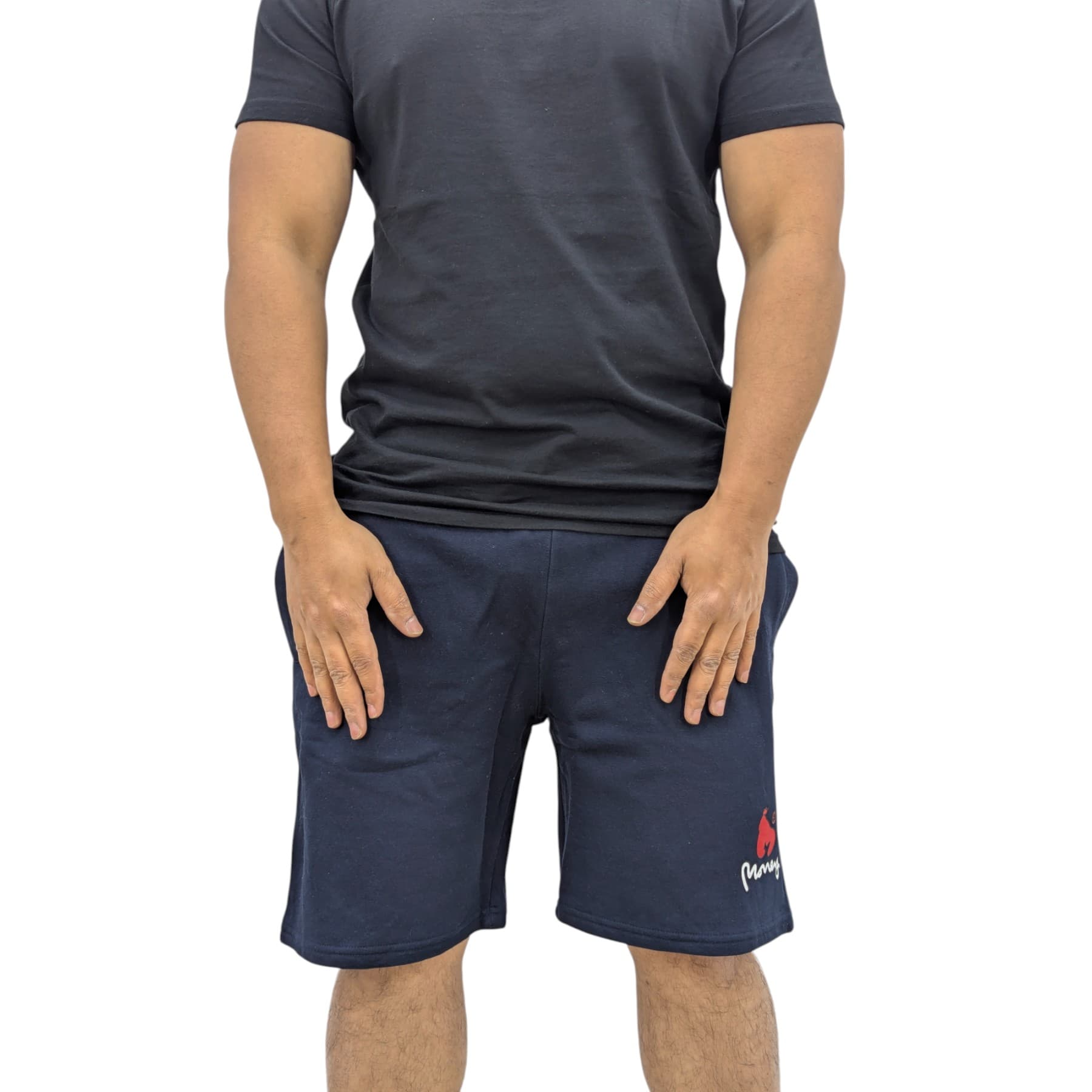 Money Clothing mens navy cotton shorts front view with Ape logo graphic