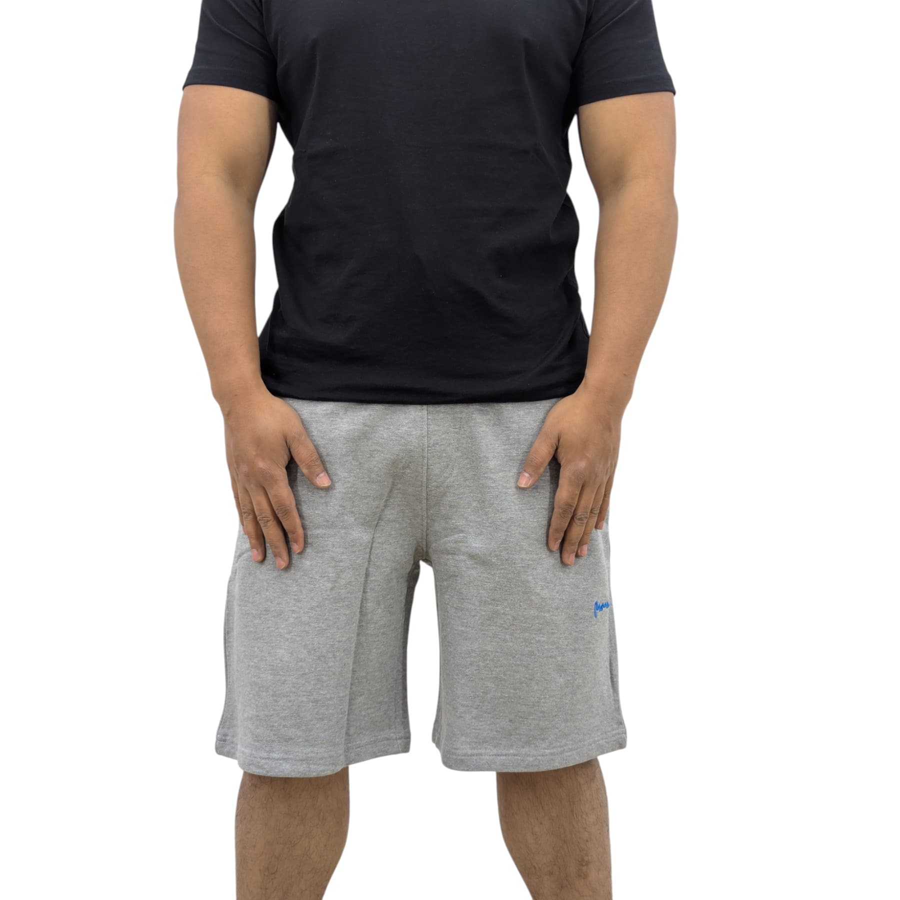 Money Clothing mens grey cotton shorts front view with drawstring