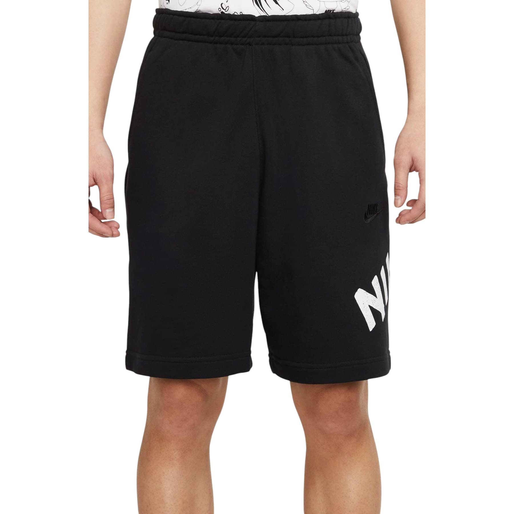Nike Club French Terry Shorts in black with matte rubber graphic, front view