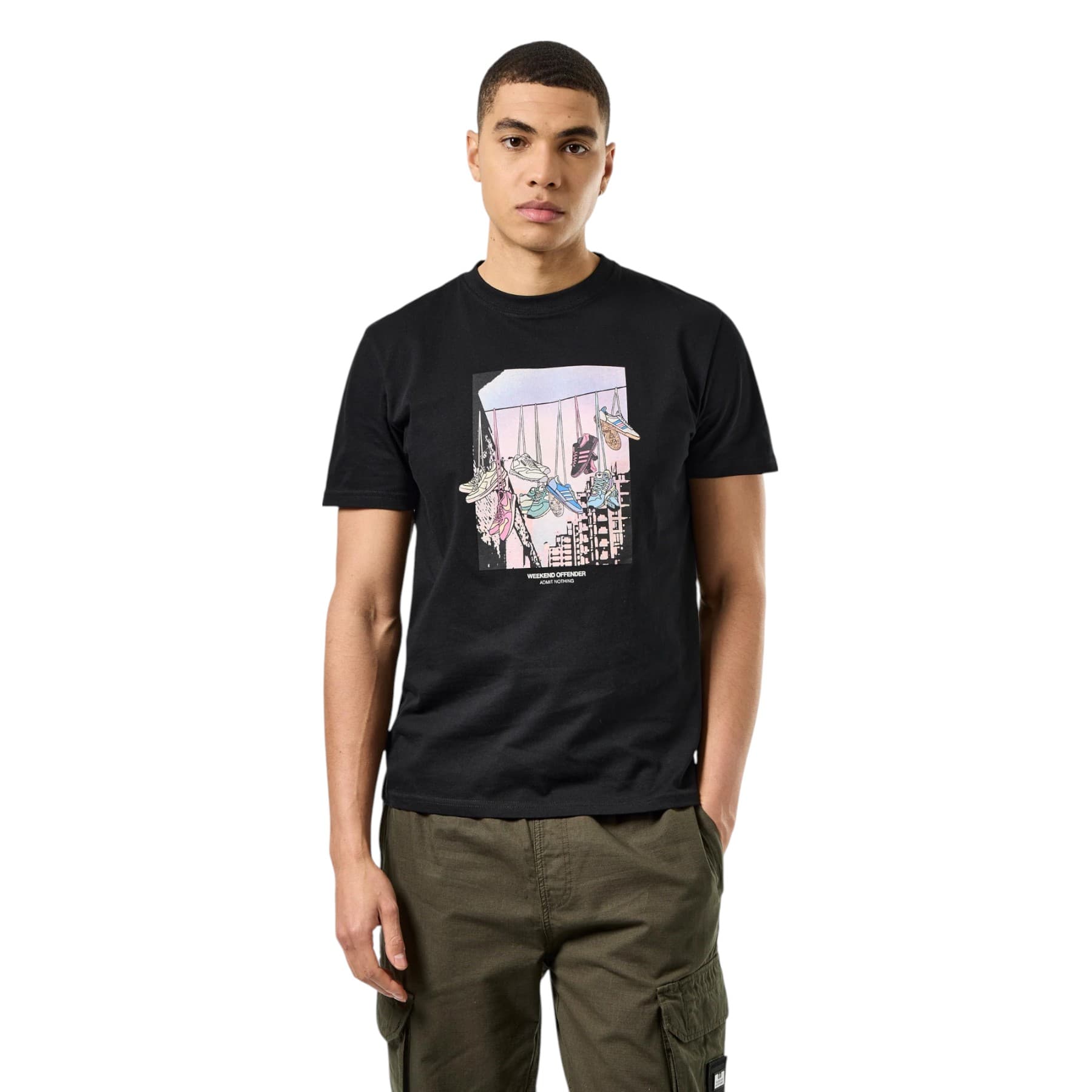 Weekend Offender Turf Wars black men's t-shirt with hanging trainers graphic