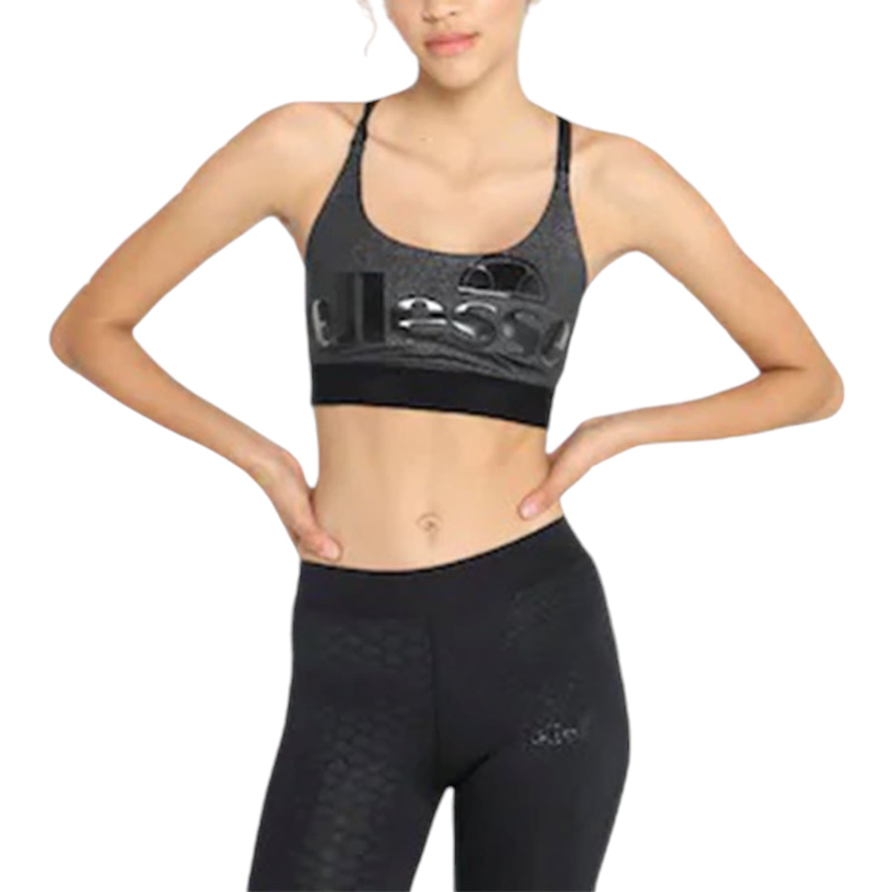 Ellesse Allow women's sports bra in silver and black, front view