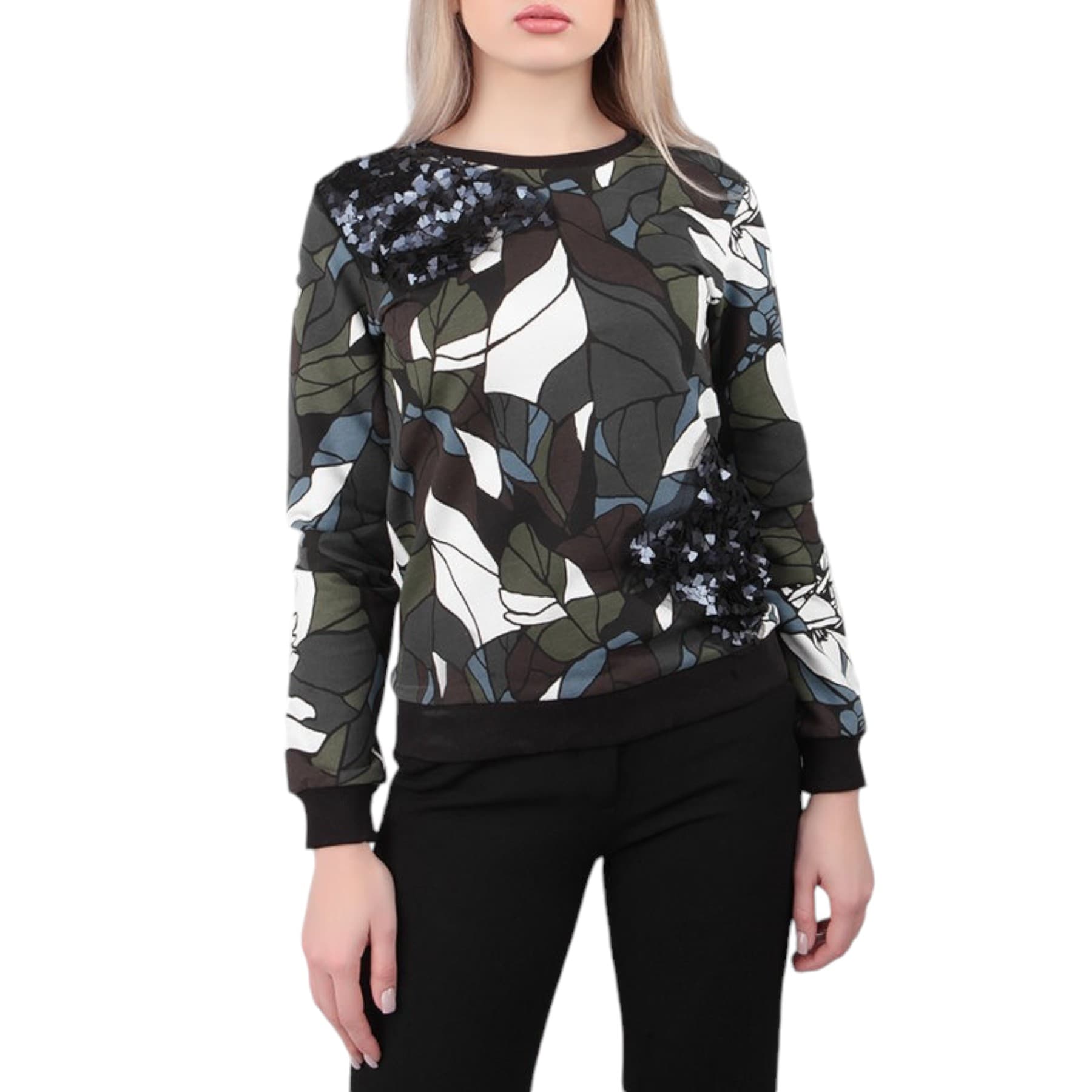 Armani Jeans women's sweatshirt front view with metal sequin detail on shoulder