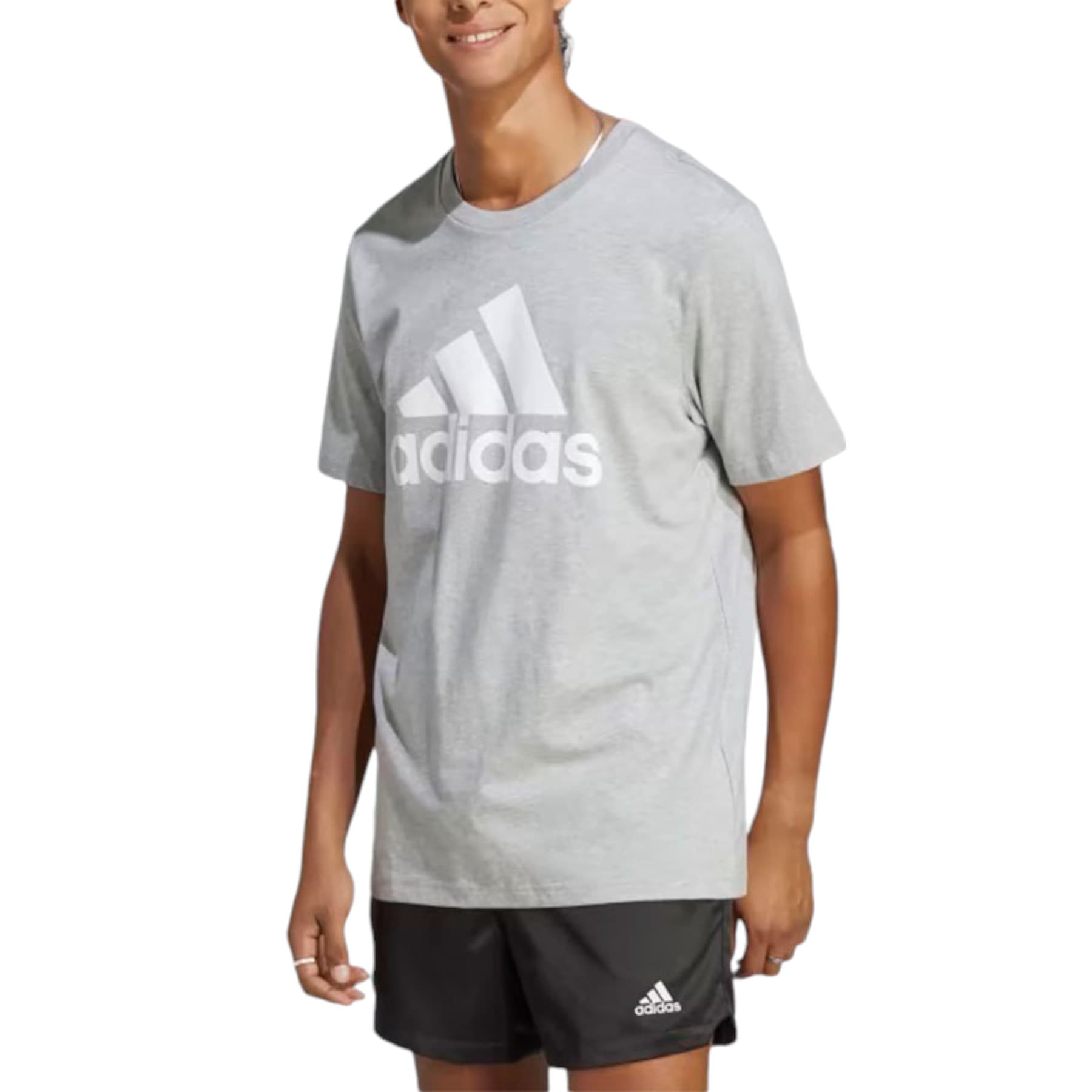 Adidas men's grey short-sleeve cotton t-shirt with printed logo front view