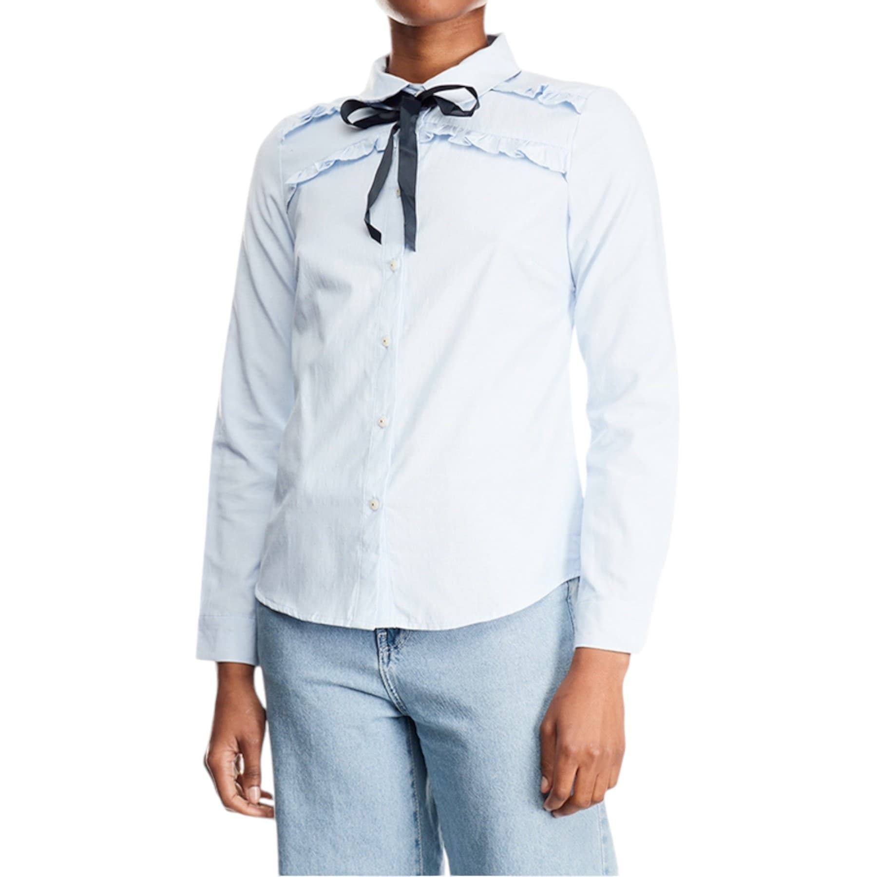 Brave Soul sky blue long sleeve shirt with ruffle chest detail front view