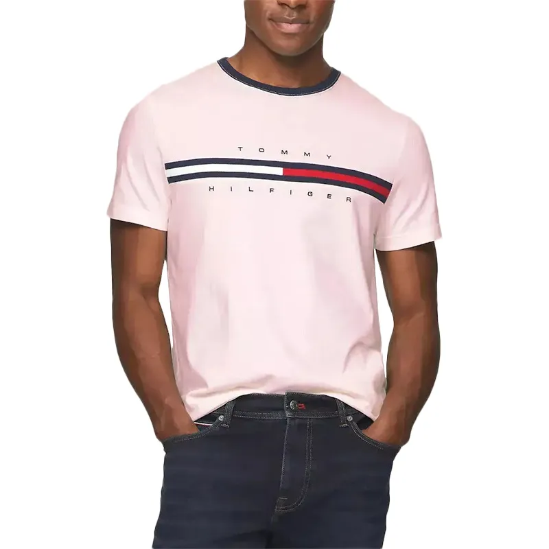 Tommy Hilfiger Mens T Shirt Crew Neck Signature Stripe Tino Tee Pink Top Brand Outlet UK