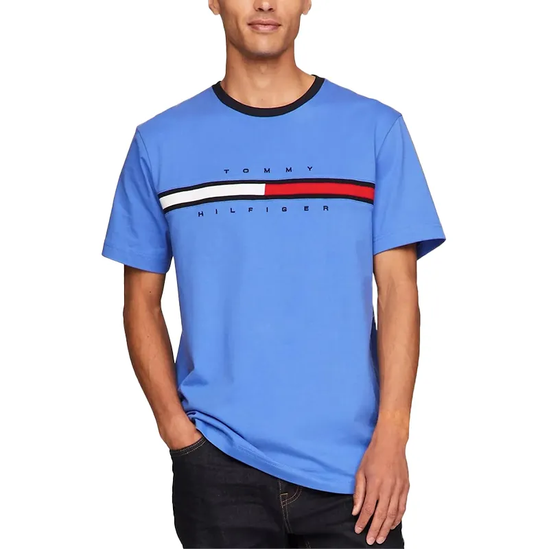 Tommy Hilfiger Mens T Shirt Crew Neck Signature Stripe Tino Tee Blue Top Brand Outlet UK