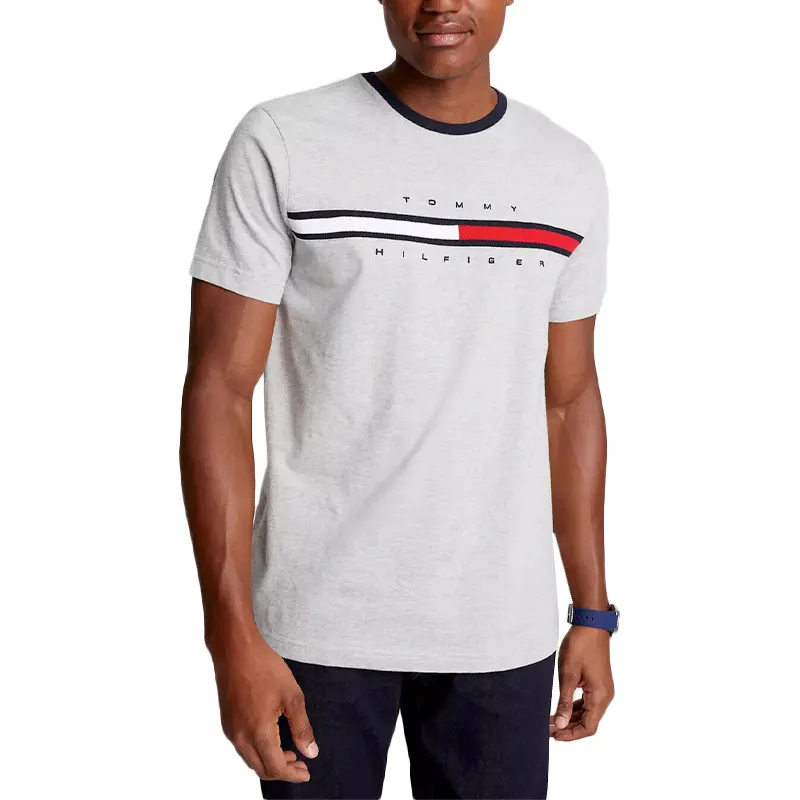 Tommy Hilfiger Mens T Shirt Crew Neck Signature Stripe Tino Tee Grey Top Brand Outlet UK