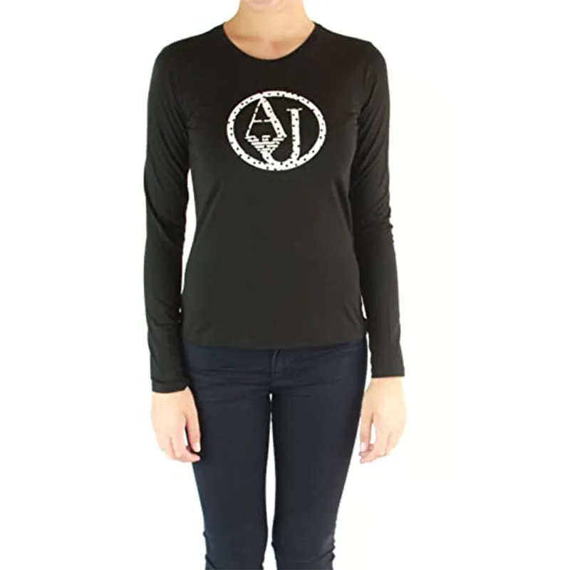 Armani Jeans 0208 Womens T Shirt Crew Neck Cotton Long Sleeve Black - Top Brand UK