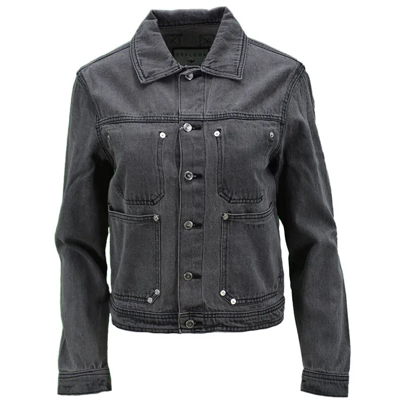 Top Look Womens Denim Jacket Regular Fit Dark Grey Top Brand Outlet UK