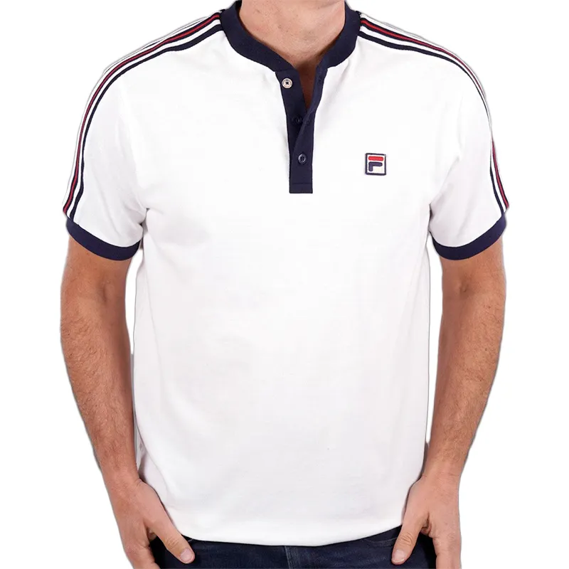 Fila Grayson Mens Polo T Shirts Short Sleeve Collarless Shirt White Top Brand Outlet UK