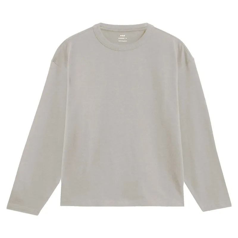 m&s mens t shirts oversized pure cotton long sleeve beige1