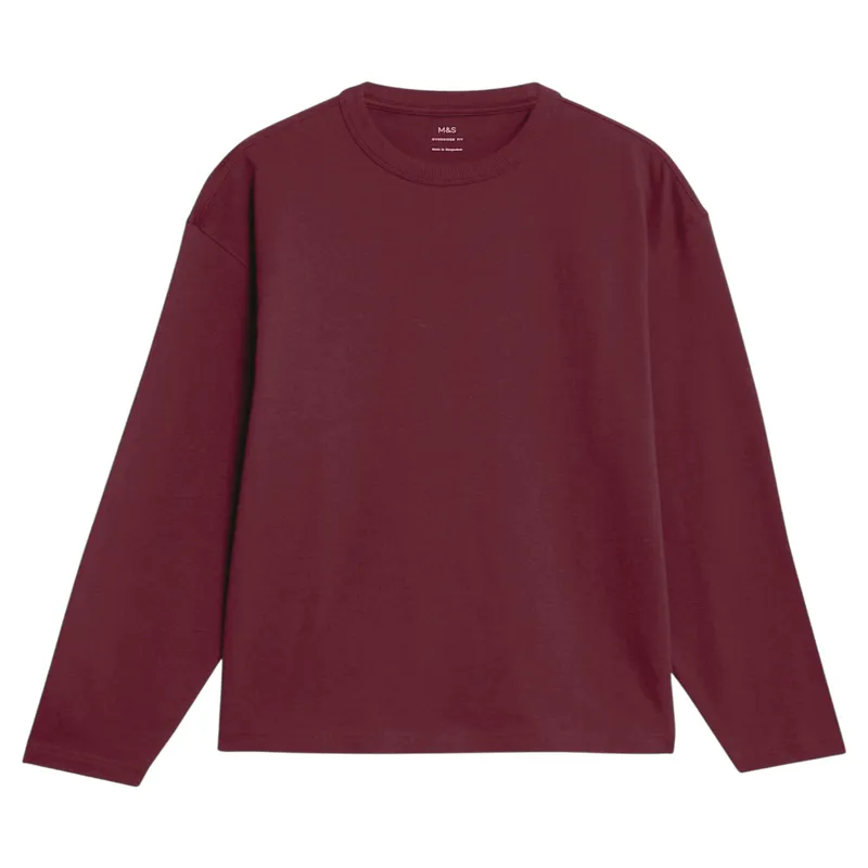 m&s mens t shirts oversized pure cotton long sleeve maroon2