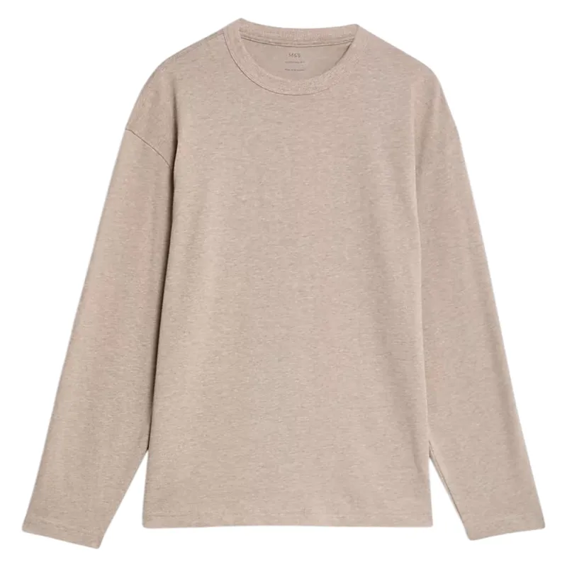 m&s mens t shirts pure cotton long sleeve beige3