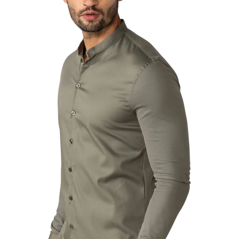 mens casual band collar shirt long sleeve light olive0