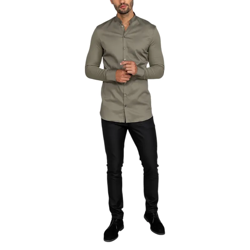 mens casual band collar shirt long sleeve light olive1