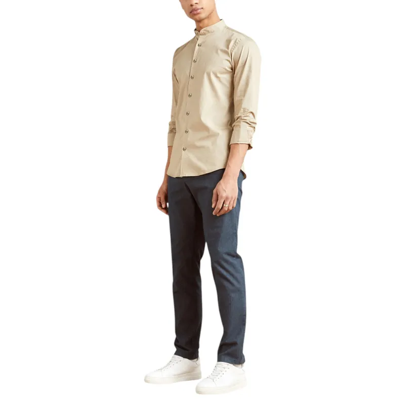 mens casual band collar shirt long sleeve beige0