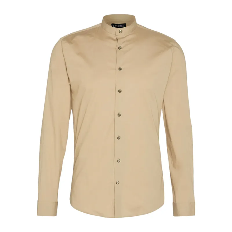 mens casual band collar shirt long sleeve beige1