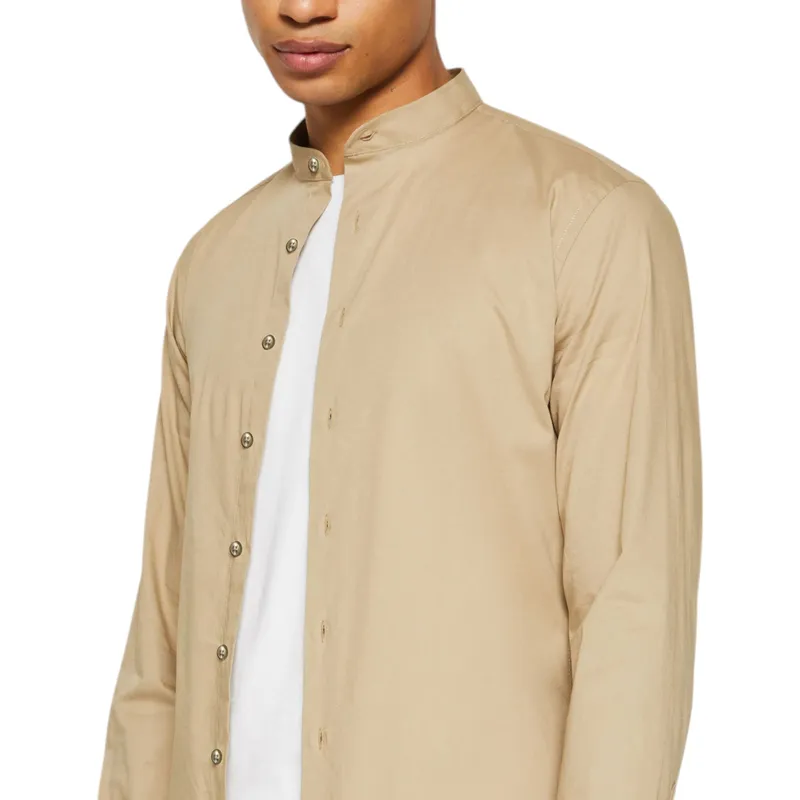 mens casual band collar shirt long sleeve beige2