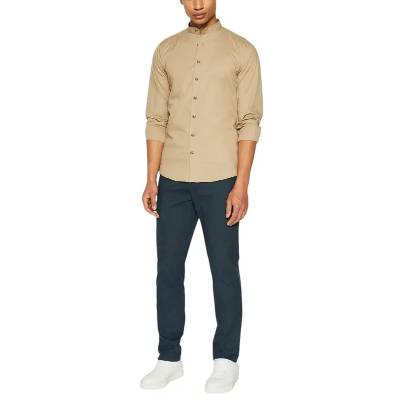 mens casual band collar shirt long sleeve beige3