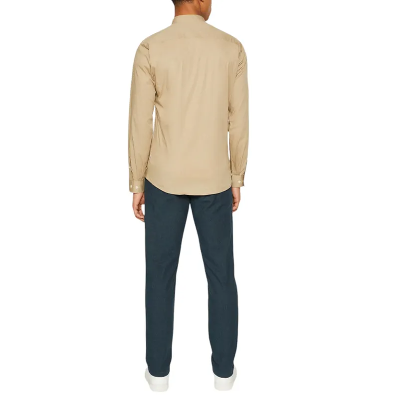 mens casual band collar shirt long sleeve beige5