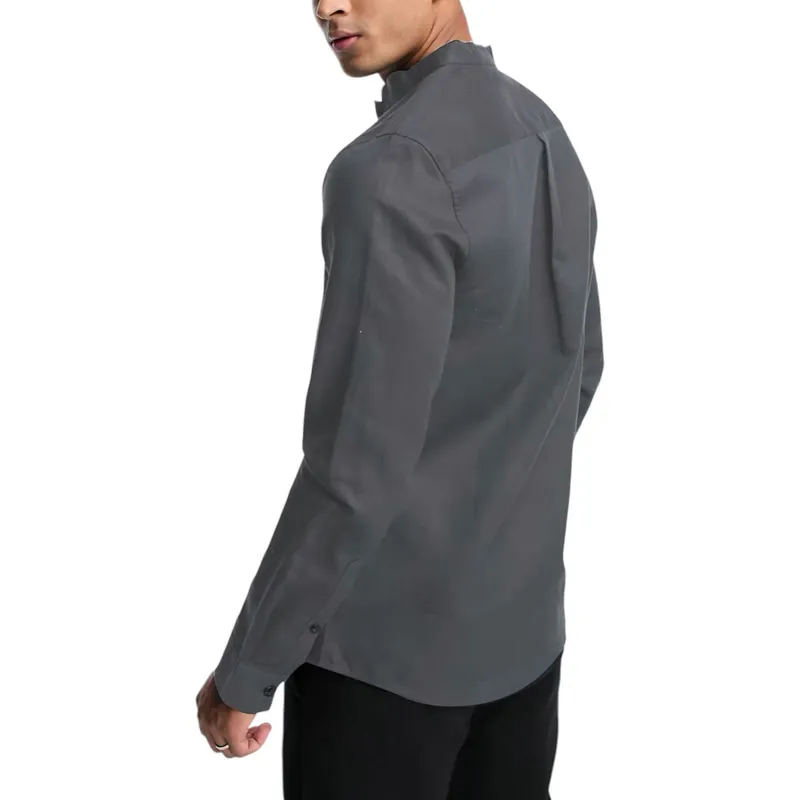 mens casual band collar shirt long sleeve black0