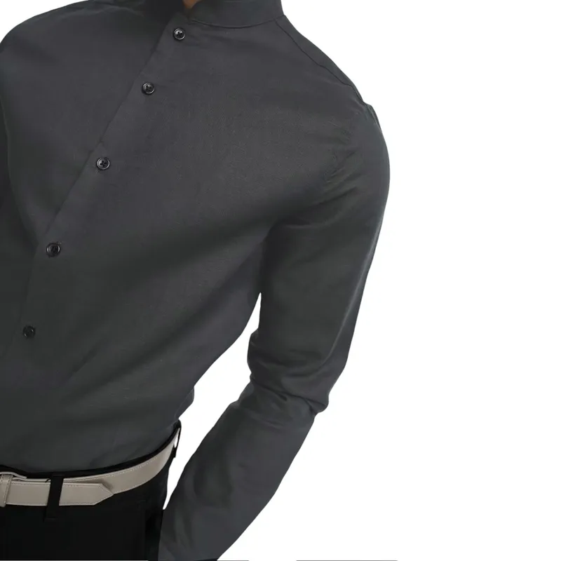 mens casual band collar shirt long sleeve black4