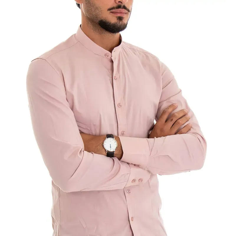 mens casual band collar shirt long sleeve light pink0